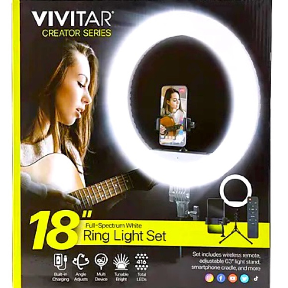 VIVITAR 18'' Ring Light w/ all listed accessories & an extra wall-mount.